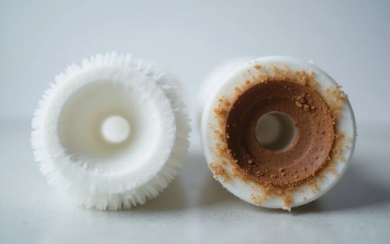 Comparison of a new clean filter cartridge versus a used dirty filter after six months of use