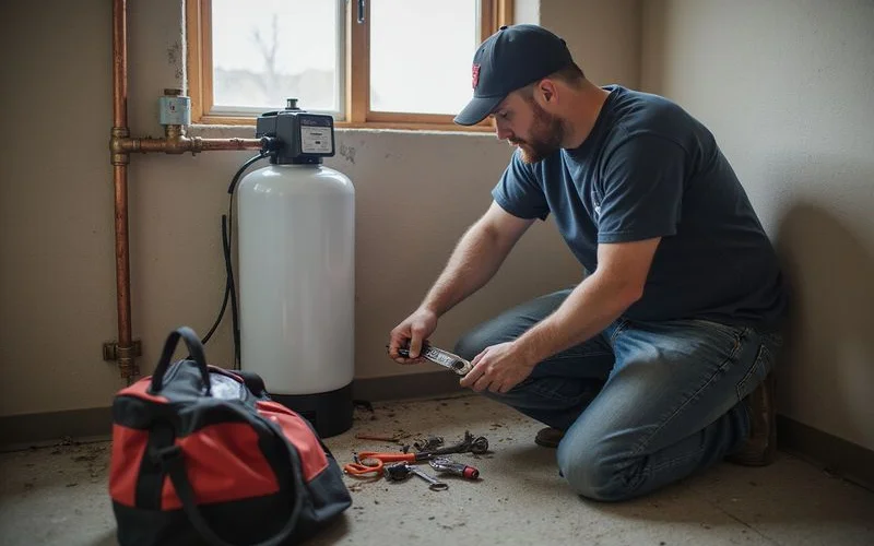 Professional water technician installing a whole house water filter in a Utah home